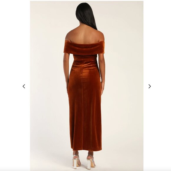 NWT Lulus I'm Enchanted Rust Orange Velvet Off-the-Shoulder Maxi Dress - Picture 4 of 5